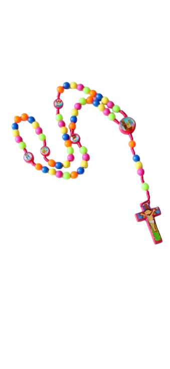 Detský farebný ruženec s krížikom-ružový